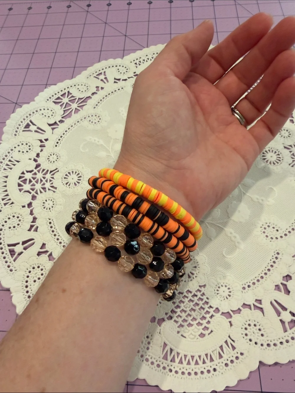 Stretchy set of 6 Halloween Beaded Bracelet Stack - Orange, Black, White